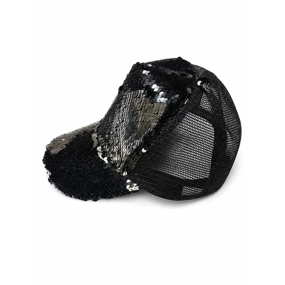 myBasic Reversible Sequin Trucker Hat Black Silver Mesh Snapback